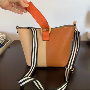 Tan and Burnt Orange Crossbody Bag with Black and White Strip Strap